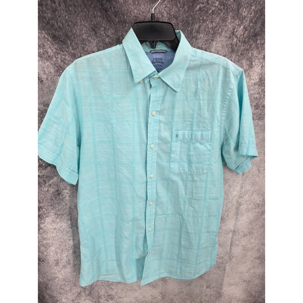 IZOD Saltwater Shirt Mens Medium Blue Windowpane Relaxed Classics Short Sleeve